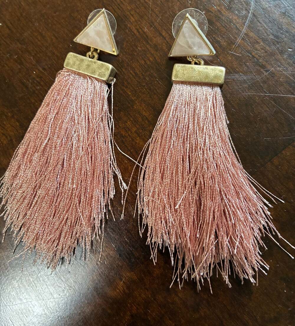 Blush Pink Fringe Tassel Earrings with Gold Tone Hammered Triangle Studs